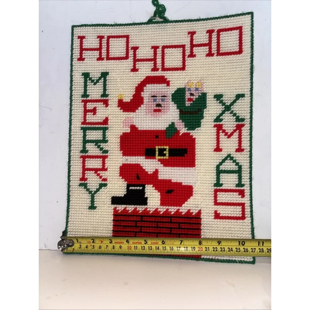 Vtg Kitschy Plastic Canvas Santa Wall Hanging Merry Xmas Ho Ho Ho Handmade 13